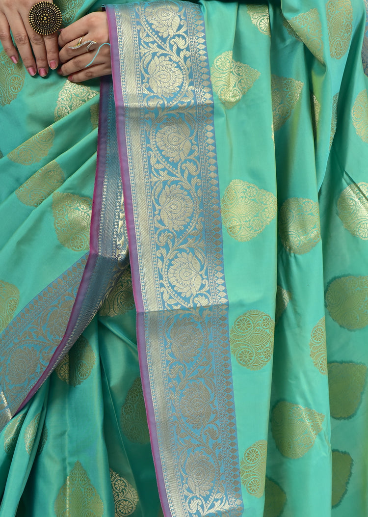 Banarasi Vastra Semi Katan Silk Woven Saree Golden Zari Buta Floral Border Green