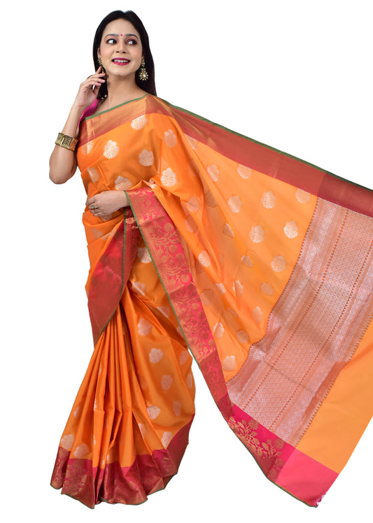 Banarasi Vastra Semi Katan Silk Woven Saree Silver Buta Contrast Skirt Border