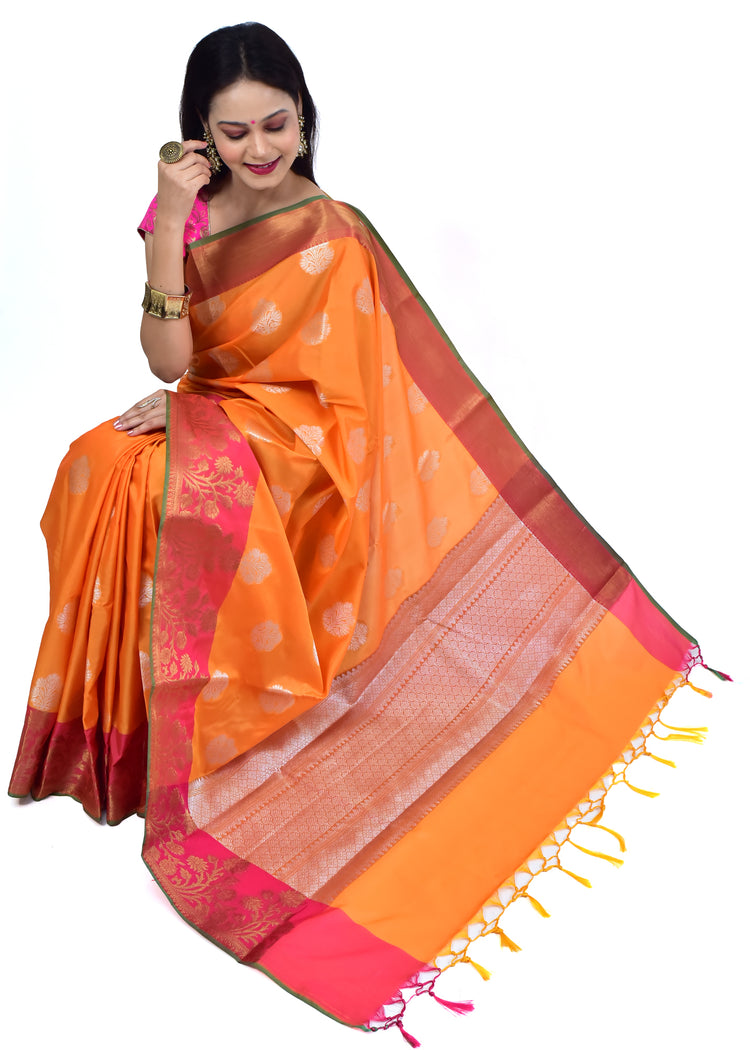 Banarasi Vastra Semi Katan Silk Woven Saree Silver Buta Contrast Skirt Border