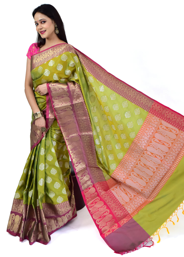 Banarasi Vastra Semi Katan Silk Woven Saree Silver Zari Buta Antique Skirt Bordr