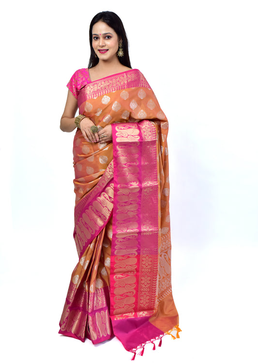 Banarasi Vastra Semi Katan Silk Woven Saree Silver Buta Antique Skirt Border