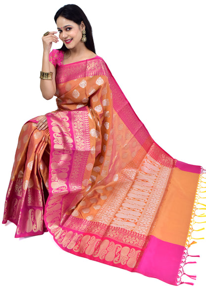 Banarasi Vastra Semi Katan Silk Woven Saree Silver Buta Antique Skirt Border