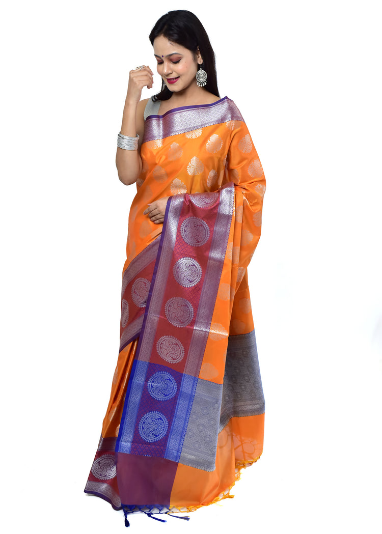 Banarasi Vastra Semi Katan Silk Woven Saree Silver Zari Buta Skirt Border Orange