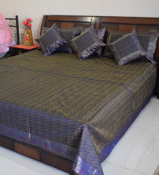 Banarasi Bed Cover Set Indian Ethnic Traditional Silk Woven Resham Brocade Blue
