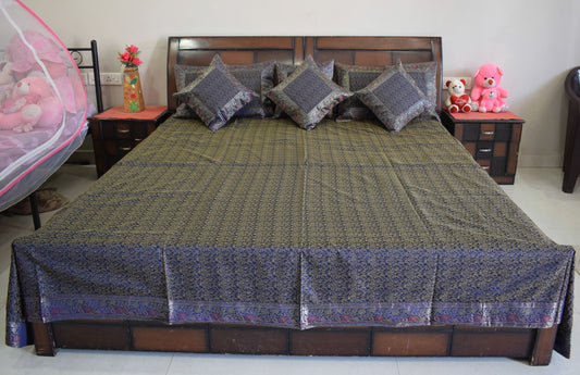Banarasi Bed Cover Set Indian Ethnic Traditional Silk Woven Resham Brocade Blue