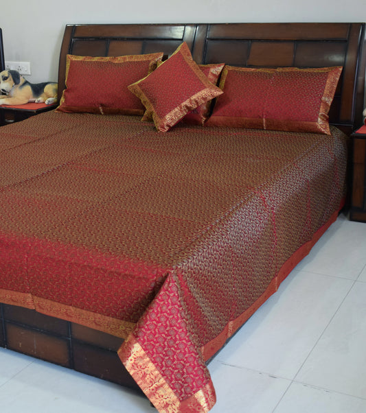Banarasi Bed Cover Set Indian Ethnic Traditional Woven Resham Brocade Maroon