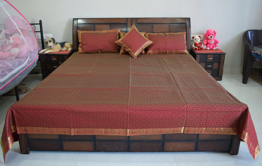 Banarasi Bed Cover Set Indian Ethnic Traditional Woven Resham Brocade Maroon