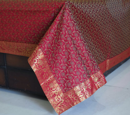 Banarasi Bed Cover Set Indian Ethnic Traditional Woven Resham Brocade Maroon