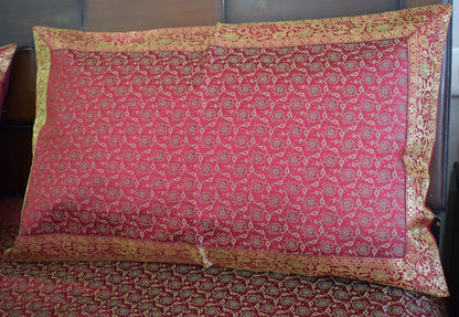 Banarasi Bed Cover Set Indian Ethnic Traditional Woven Resham Brocade Maroon