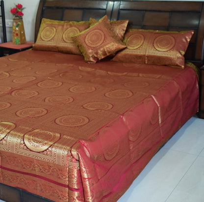 Banarasi Bed Cover Set Indian Ethnic Traditional Silk Woven Zari Brocade Maroon