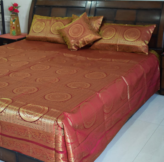 Banarasi Bed Cover Set Indian Ethnic Traditional Silk Woven Zari Brocade Maroon