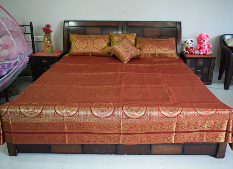 Banarasi Bed Cover Set Indian Ethnic Traditional Silk Woven Zari Brocade Maroon
