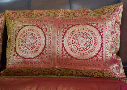 Banarasi Bed Cover Set Indian Ethnic Traditional Silk Woven Zari Brocade Maroon
