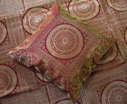 Banarasi Bed Cover Set Indian Ethnic Traditional Silk Woven Zari Brocade Maroon