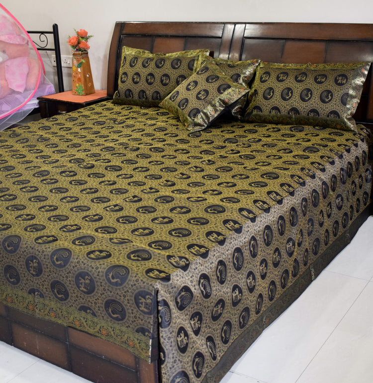 Banarasi Bed Cover Set Indian Ethnic Traditional Silk Woven Animal Brocade Black
