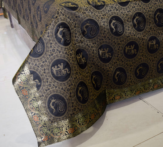 Banarasi Bed Cover Set Indian Ethnic Traditional Silk Woven Animal Brocade Black