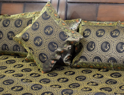 Banarasi Bed Cover Set Indian Ethnic Traditional Silk Woven Animal Brocade Black