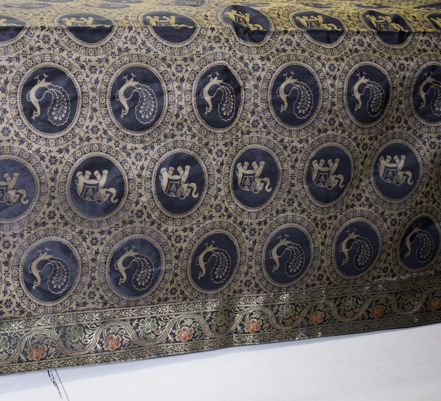 Banarasi Bed Cover Set Indian Ethnic Traditional Silk Woven Animal Brocade Black