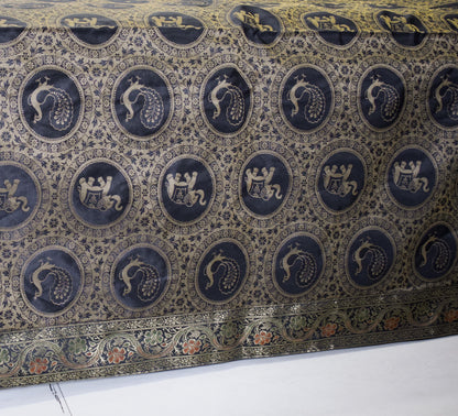Banarasi Bed Cover Set Indian Ethnic Traditional Silk Woven Animal Brocade Black