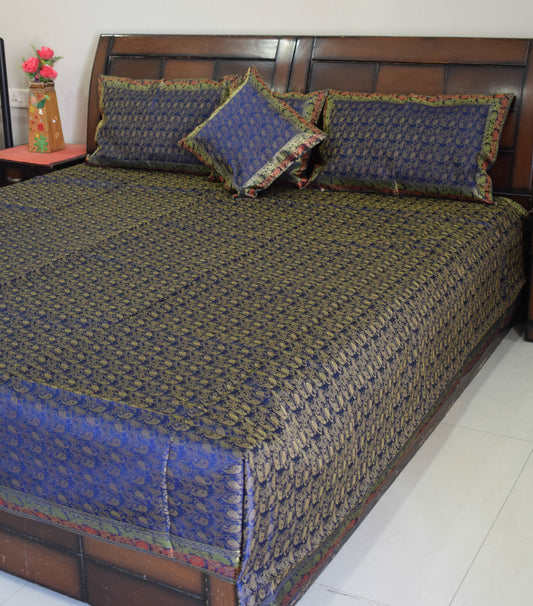 Banarasi Bed Cover Set Indian Ethnic Traditional Silk Woven Resham Brocade Blue