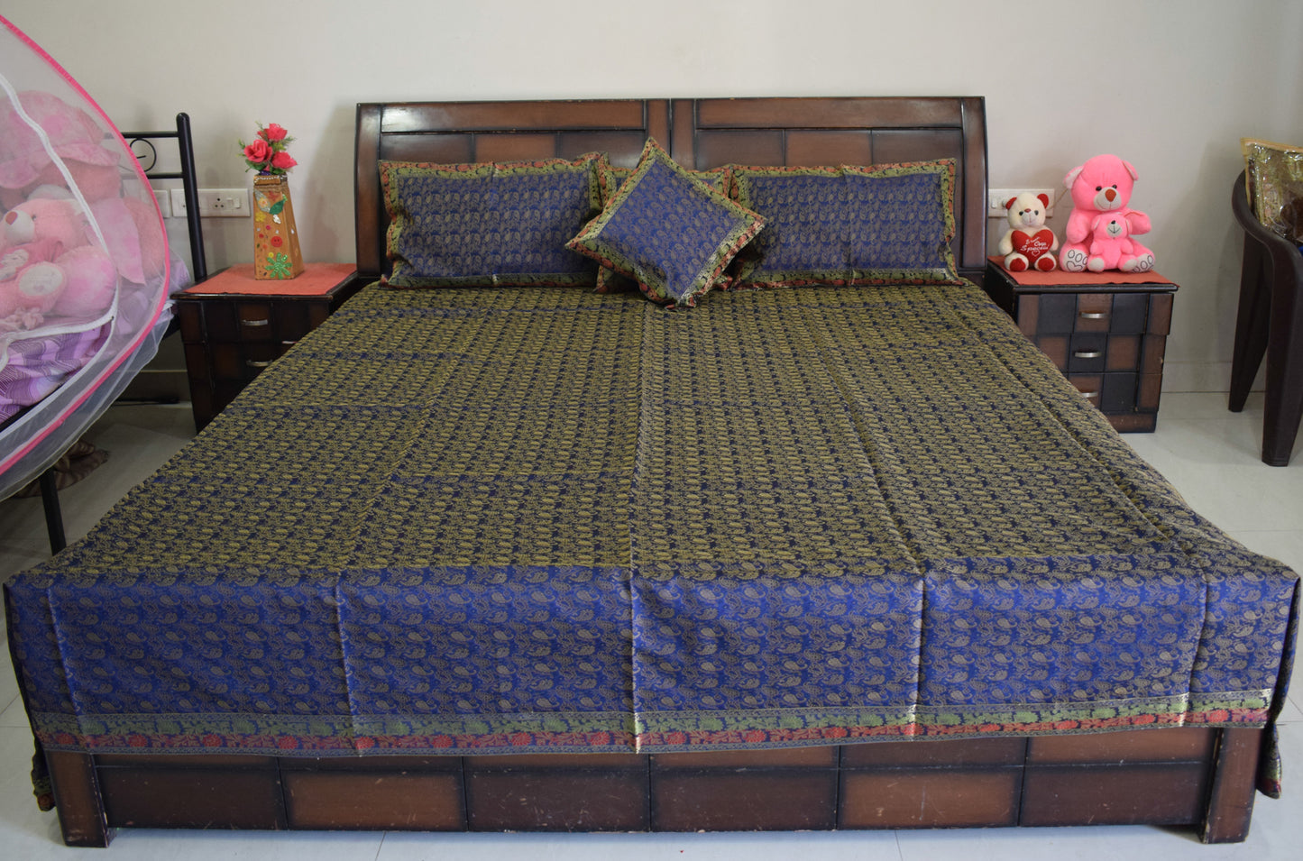 Banarasi Bed Cover Set Indian Ethnic Traditional Silk Woven Resham Brocade Blue