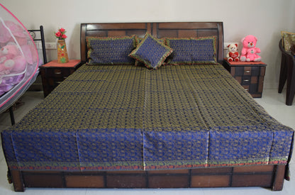 Banarasi Bed Cover Set Indian Ethnic Traditional Silk Woven Resham Brocade Blue