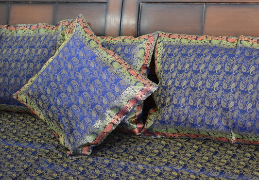 Banarasi Bed Cover Set Indian Ethnic Traditional Silk Woven Resham Brocade Blue
