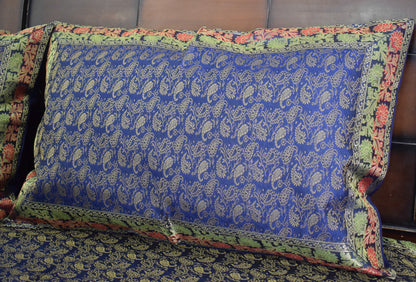 Banarasi Bed Cover Set Indian Ethnic Traditional Silk Woven Resham Brocade Blue