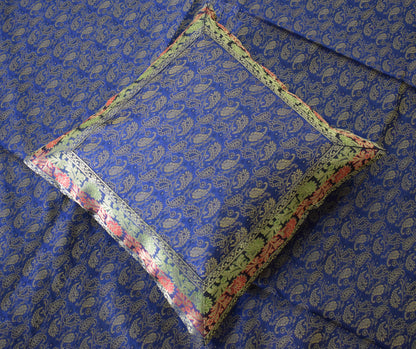 Banarasi Bed Cover Set Indian Ethnic Traditional Silk Woven Resham Brocade Blue