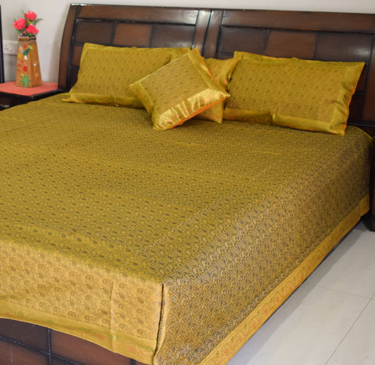 Banarasi Bed Cover Set Indian Ethnic Traditional Woven Resham Brocade Mustard