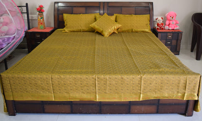 Banarasi Bed Cover Set Indian Ethnic Traditional Woven Resham Brocade Mustard
