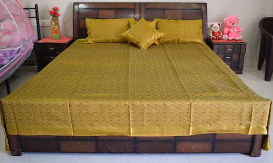Banarasi Bed Cover Set Indian Ethnic Traditional Woven Resham Brocade Mustard