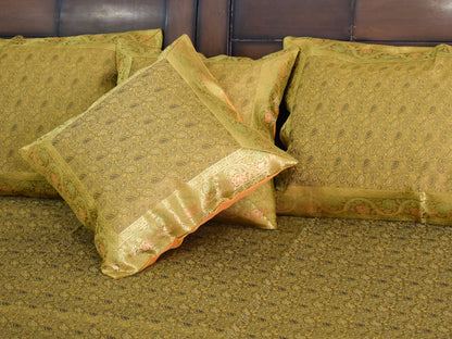 Banarasi Bed Cover Set Indian Ethnic Traditional Woven Resham Brocade Mustard