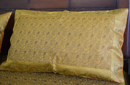 Banarasi Bed Cover Set Indian Ethnic Traditional Woven Resham Brocade Mustard