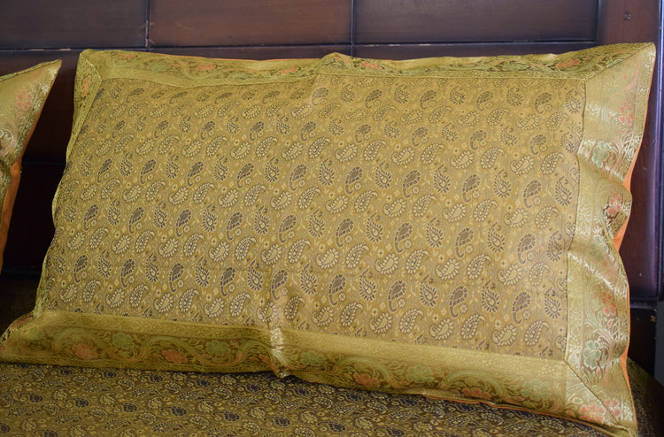 Banarasi Bed Cover Set Indian Ethnic Traditional Woven Resham Brocade Mustard