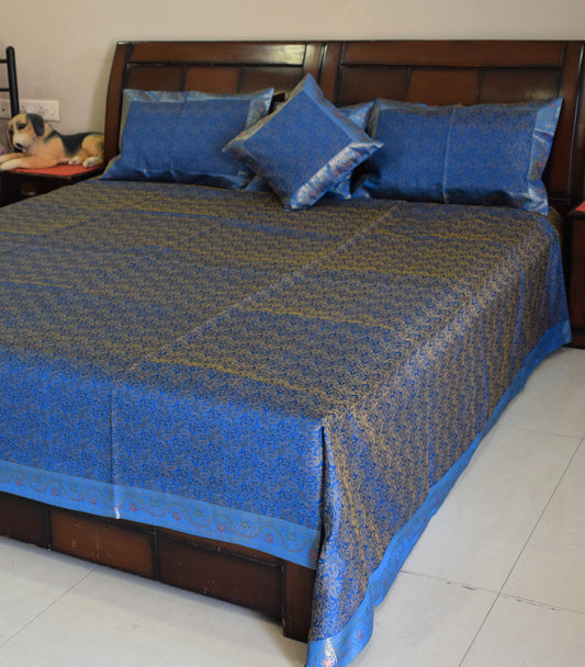 Banarasi Bed Cover Set Indian Ethnic Traditional Silk Woven Resham Brocade Blue