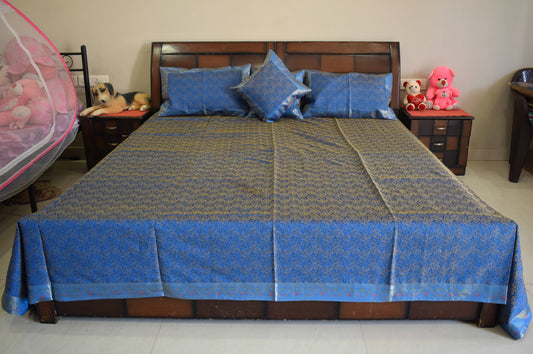 Banarasi Bed Cover Set Indian Ethnic Traditional Silk Woven Resham Brocade Blue