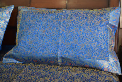 Banarasi Bed Cover Set Indian Ethnic Traditional Silk Woven Resham Brocade Blue