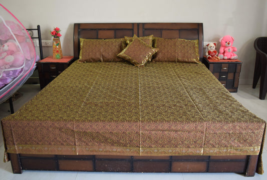 Banarasi Bed Cover Set Indian Ethnic Traditional Silk Woven Resham Brocade Brown