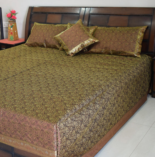 Banarasi Bed Cover Set Indian Ethnic Traditional Silk Woven Resham Brocade Brown
