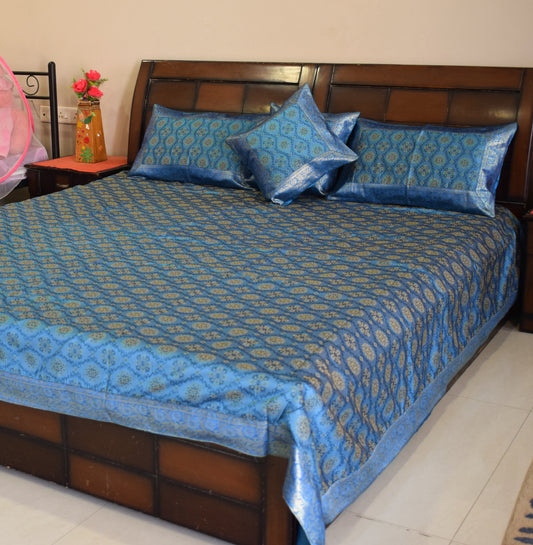 Banarasi Bed Cover Set Indian Ethnic Traditional Silk Woven Resham Brocade Blue