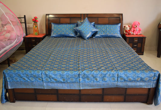 Banarasi Bed Cover Set Indian Ethnic Traditional Silk Woven Resham Brocade Blue