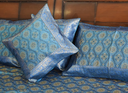 Banarasi Bed Cover Set Indian Ethnic Traditional Silk Woven Resham Brocade Blue
