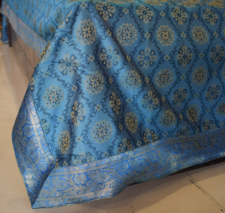Banarasi Bed Cover Set Indian Ethnic Traditional Silk Woven Resham Brocade Blue