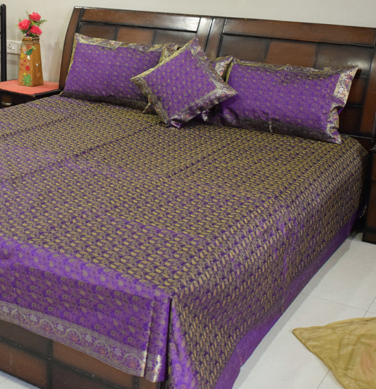 Banarasi Bed Cover Set Indian Ethnic Traditional Woven Resham Brocade Purple