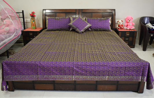 Banarasi Bed Cover Set Indian Ethnic Traditional Woven Resham Brocade Purple