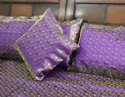 Banarasi Bed Cover Set Indian Ethnic Traditional Woven Resham Brocade Purple