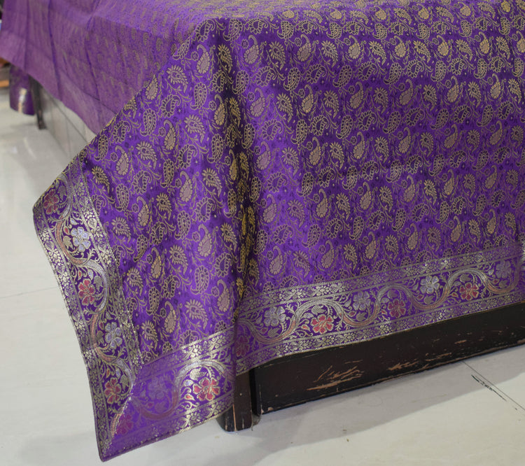 Banarasi Bed Cover Set Indian Ethnic Traditional Woven Resham Brocade Purple