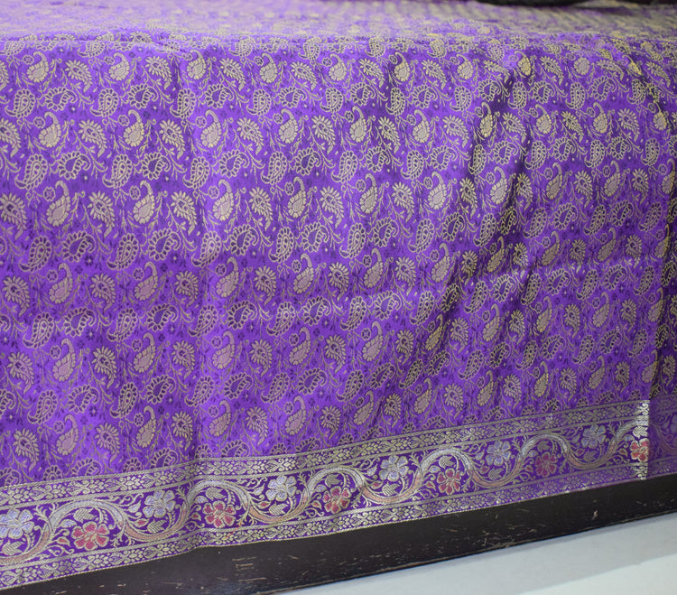 Banarasi Bed Cover Set Indian Ethnic Traditional Woven Resham Brocade Purple