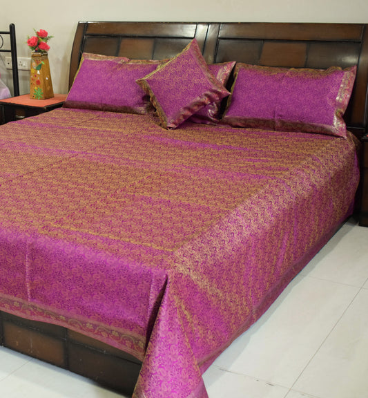 Banarasi Bed Cover Set Indian Ethnic Traditional Woven Resham Brocade Magenta